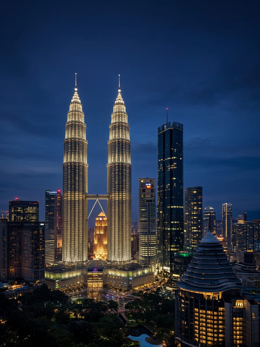 Petronas Twin Towers and the Kuala Lumpur skyline at dusk