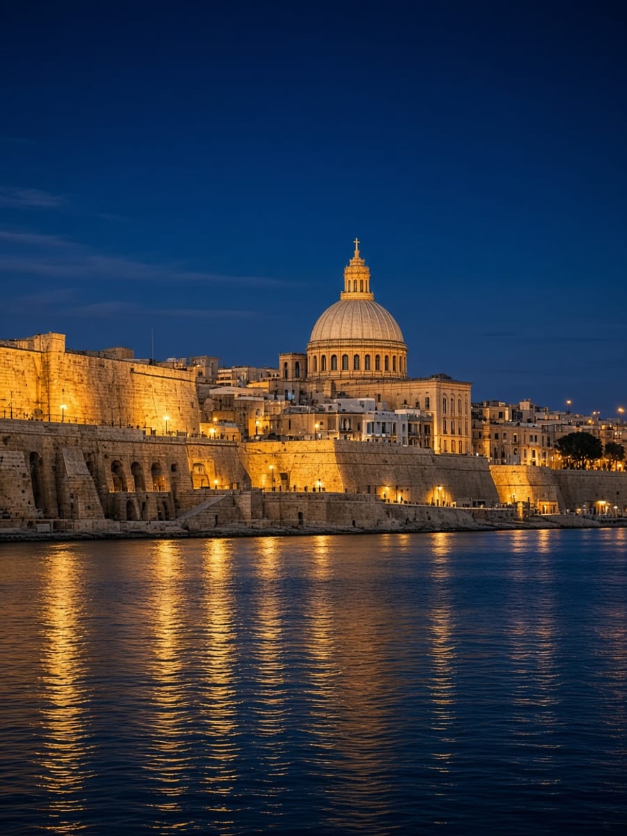 Valletta's illuminated city walls and dome over the Grand Harbour, Malta