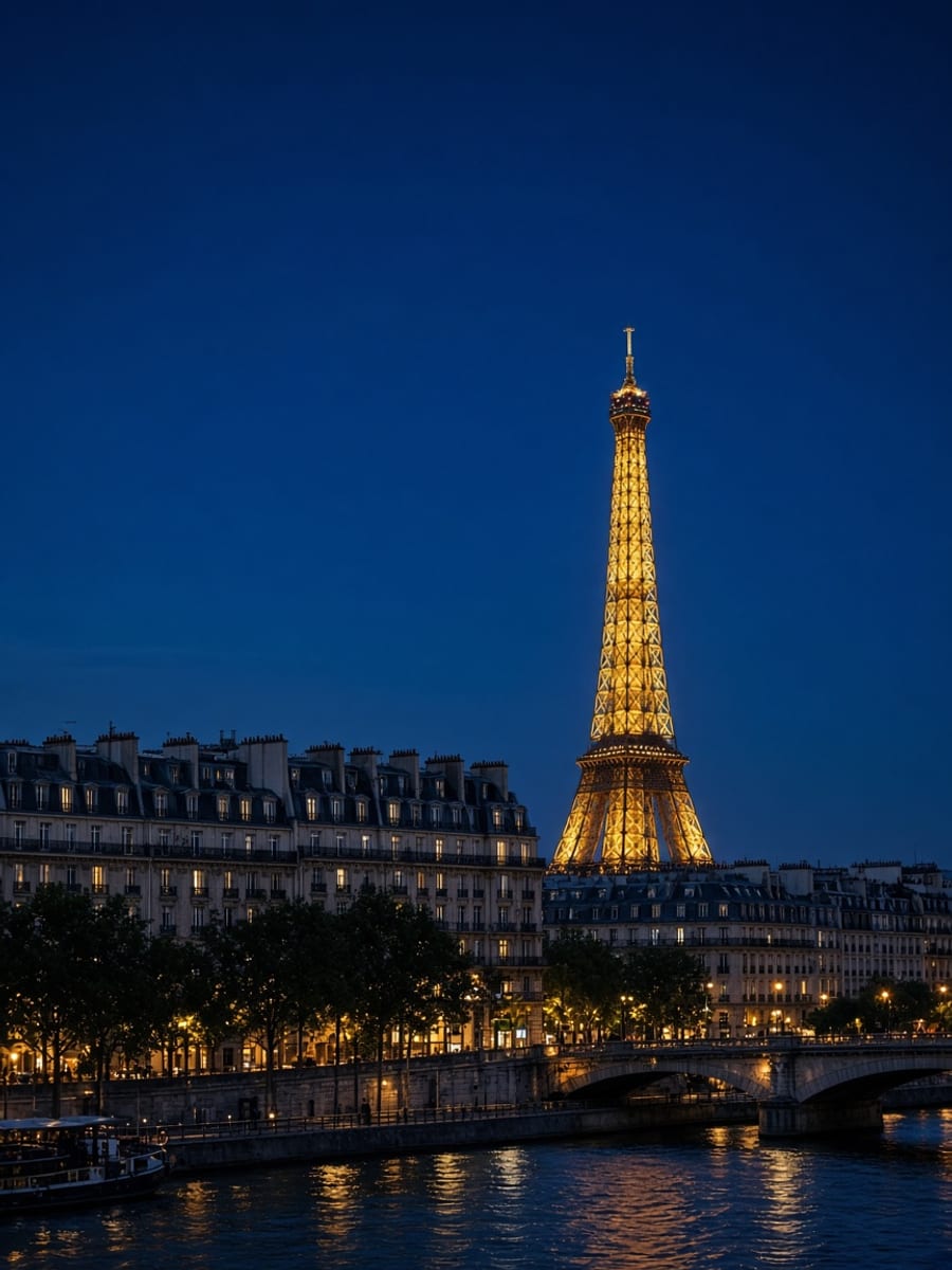 Eiffel Tower in Paris lit up at dusk