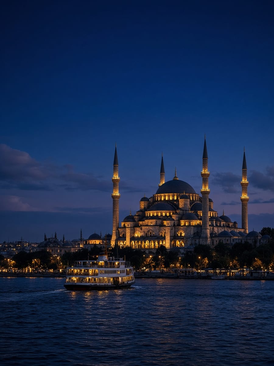 Istanbul mosque and minarets above the Bosphorus at dusk